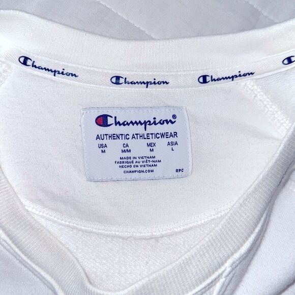 Champion M White Crewneck French Terry Cloth Inner Pullover Crop Sweatshirt - Picture 9 of 11